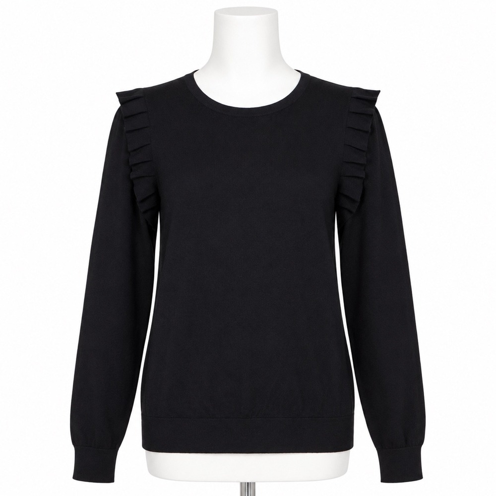 Ann Taylor Sweater Women Medium Black Ruffle Shoulder Long Sleeve Knit Pullover
